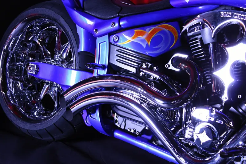 Chrome motorcycle engine and wheel